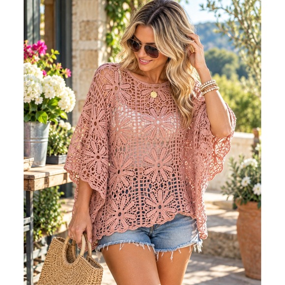 Sweaters - Dusty Rose Mauve Pink Crochet Floral Lace Poncho Top One Size Boho Cottagecore